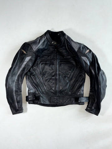 Swift Black & Grey Leather Motorcycle Racing Jacket – Armoured Panels (Padded) (M)