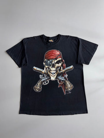 Vintage Pirate Skull Graphic T-Shirt – Zap Pow Black Tee (XXL)