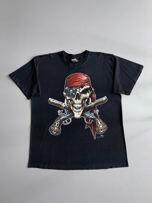 Vintage Pirate Skull Graphic T-Shirt – Zap Pow Black Tee (XXL)