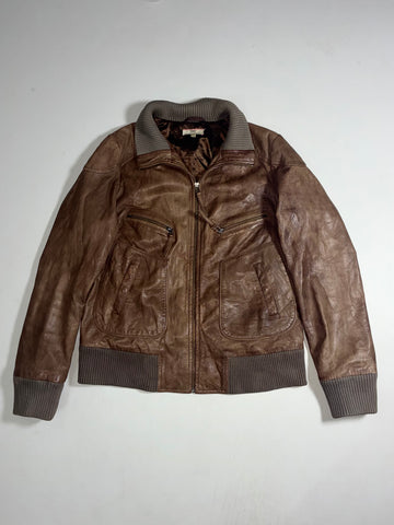 Vintage CKS Brown Leather Rib Knit Collar Bomber Jacket (S)