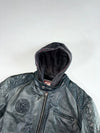 Camp David Black Leather Hooded Biker Jacket – Rugby Crest Embossing, Quilted Shoulders (XL)