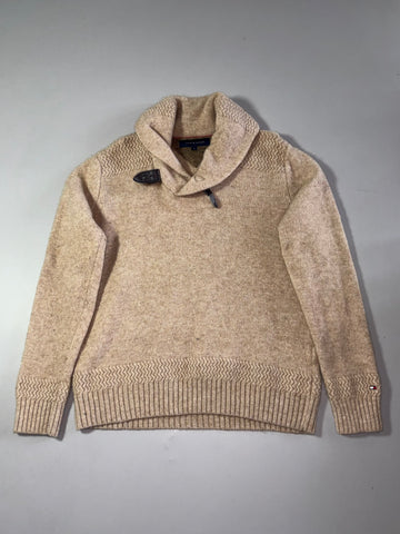Tommy Hilfiger Tan Shawl Collar Knit Sweater with Leather Toggle (M)