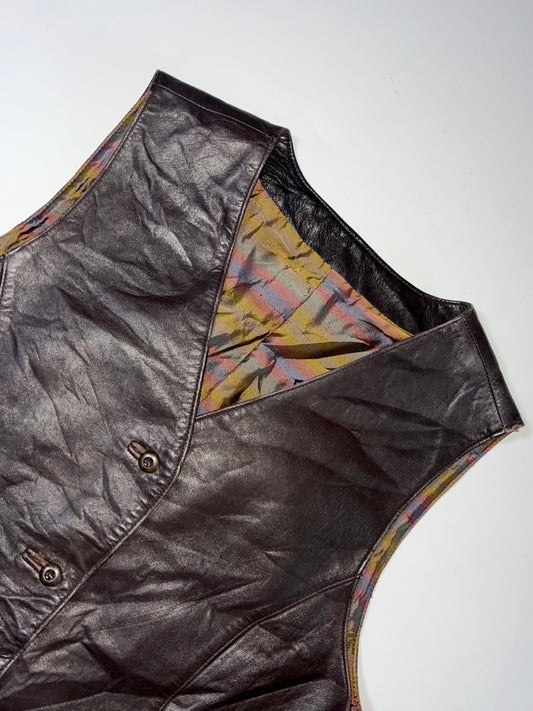Vintage Genuine Leather Waistcoat Vest with Buckle Back – Dark Brown (S)