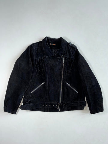 Love & Legend Black Suede Fringe Biker Jacket with Belt (XL/2XL)