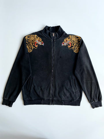 Vintage Black Tiger Embroidered Zip-Up Track Jacket (2XL)