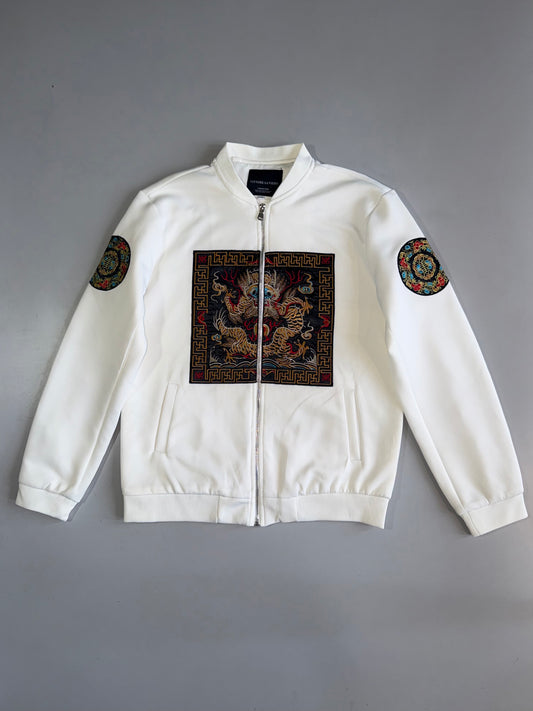 Oriental Dragon Embroidery Bomber Jacket – White ((M/L)