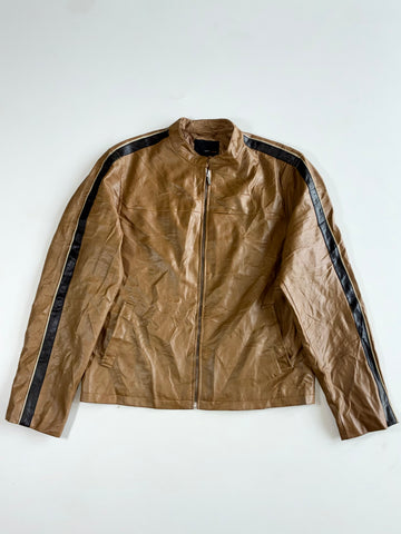Vintage Netmen's Tan Striped Faux Leather Racer Jacket (L)