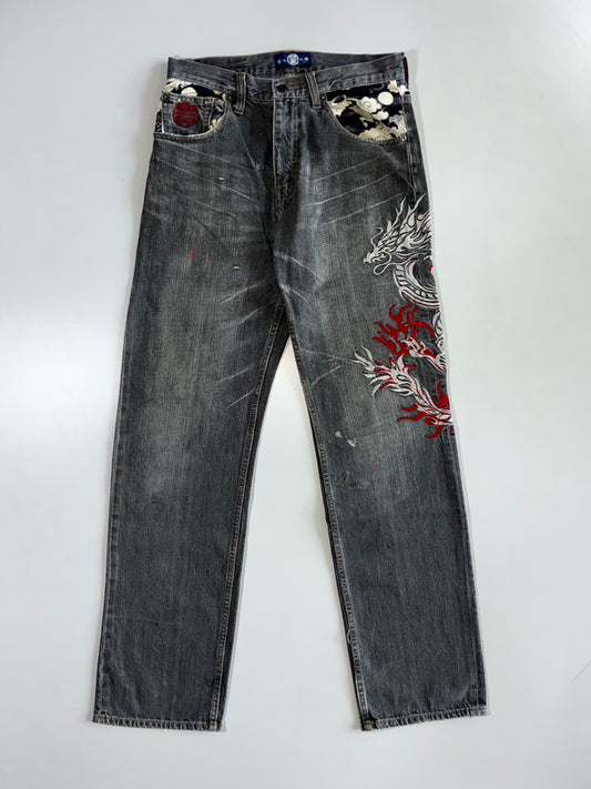 Dragon Embroidered Grey Wash Denim Pant (W:28|L:42)
