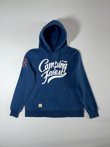 American Vintage Blue Graphic Pullover Hoodie | Camping Forest Print (M)