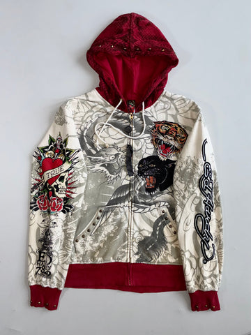 Vintage Y2K Ed Hardy by Christian Audigier Full Rhinestone Tattoo Graphic Zip Hoodie (L)
