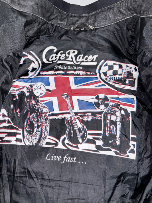 Cafe Racer “Tribute Edition Live Fast” Genuine Cowhide Leather Moto Jacket with Union Jack Inner Lining (Paded)(M)