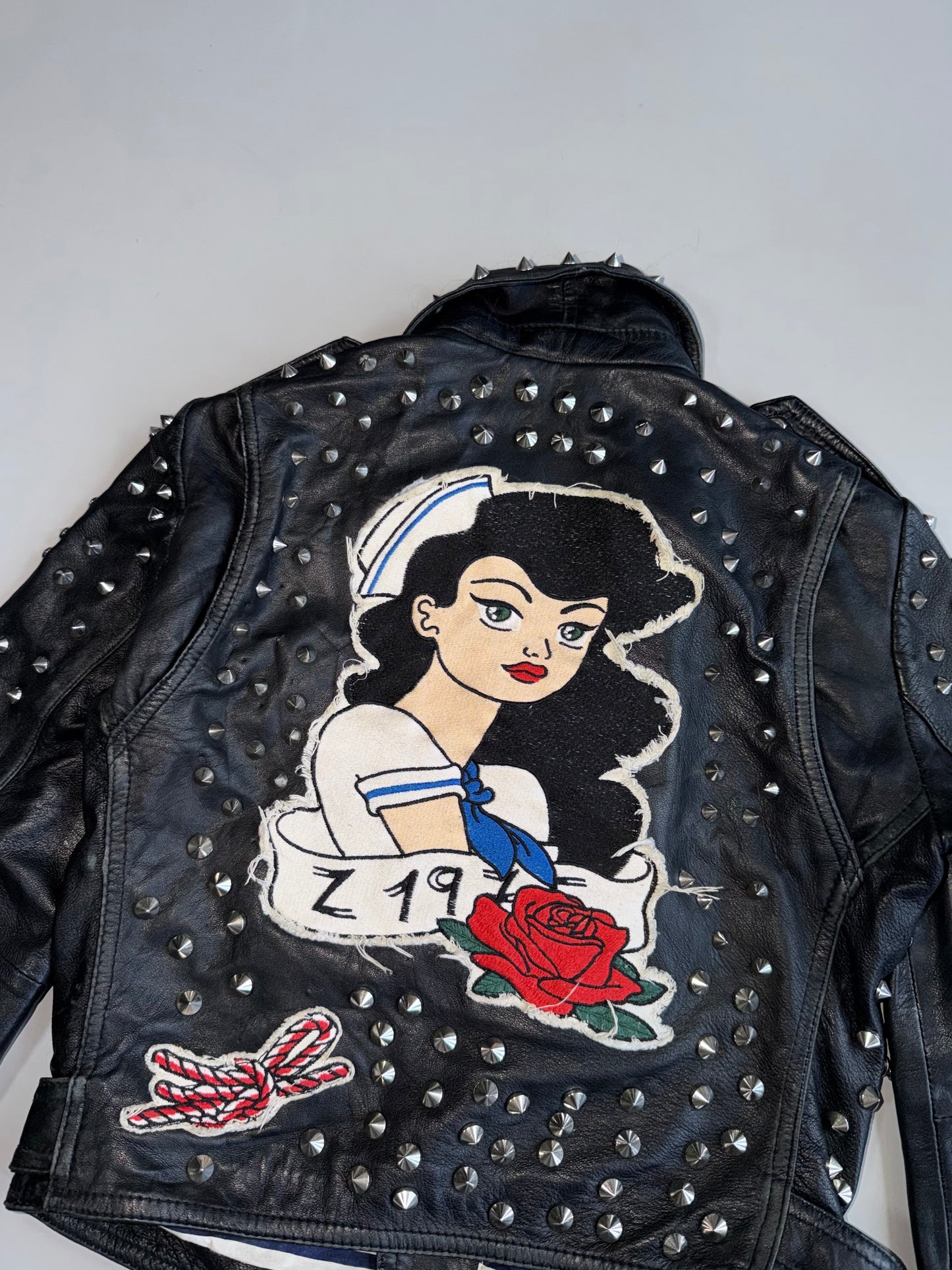ZVintage Zara Studded Leather  Jacket Nautical Sailor Pin-Up Patches (XS)