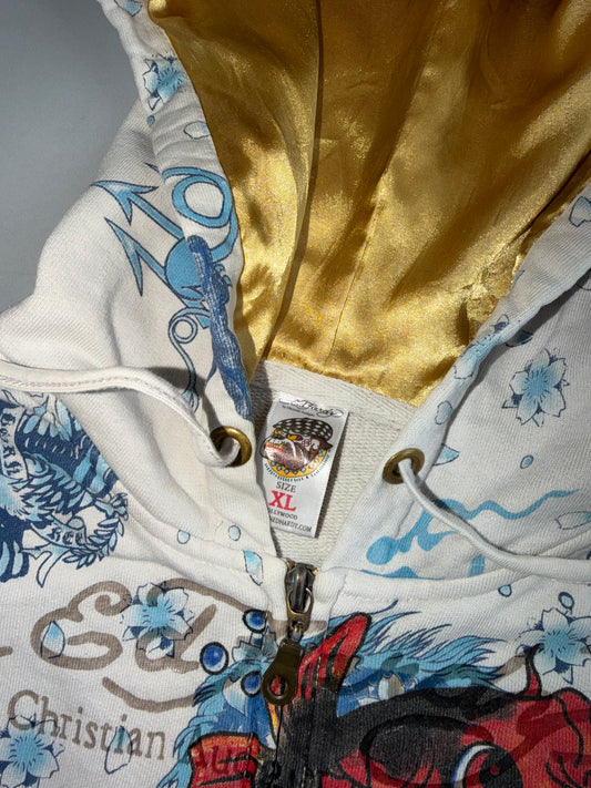 Ed Hardy by Christian Audigier White Mermaid Koi Fish All-Over Print Zip Hoodie Gold Lined Hood (S)