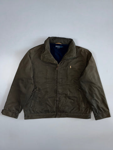 Vintage Polo Ralph Lauren Fleece Lined Hooded Jacket | Olive Green Navy Interior Zip-Up Pony Logo (XL)