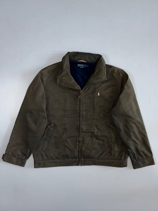 Vintage Polo Ralph Lauren Fleece Lined Hooded Jacket | Olive Green Navy Interior Zip-Up Pony Logo (XL)