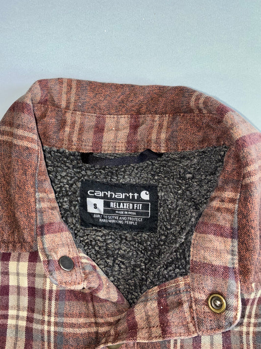 Carhartt TJ4452 Sherpa-Lined Brown Plaid Flannel Shirt Long Jacket (S)