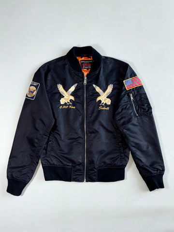 Schott NYC Black MA-1 Souvenir Bomber – Eagle Embroidery, US Navy & Flag Patches (M)