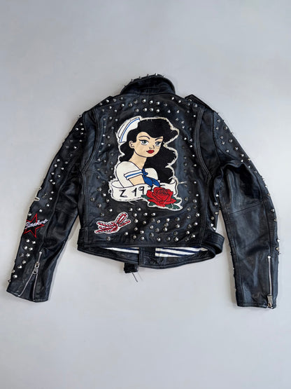 ZVintage Zara Studded Leather  Jacket Nautical Sailor Pin-Up Patches (XS)