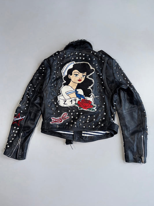 !       Vintage Zara Studded Leather  Jacket Nautical Sailor Pin-Up Patches (XS)