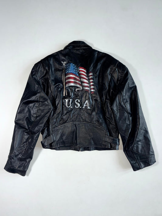 Vintage Leather Biker Jacket – Black – Belted Asymmetric Zip (M/L)