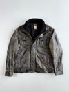 Vintage Lapel Men Distressed Leather Jacket with Ribbed Knit Collar (Xl)