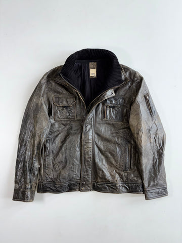 Vintage Lapel Men Distressed Leather Jacket with Ribbed Knit Collar (Xl)