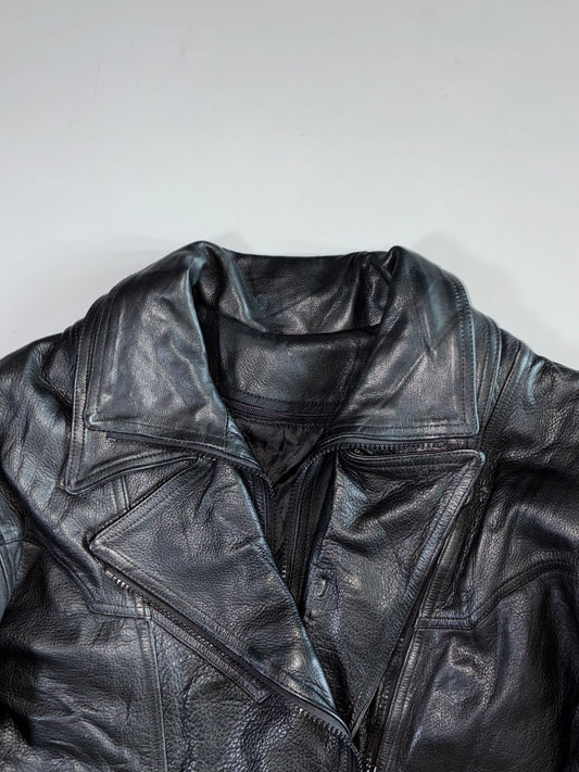 Vintage Premium Original Belted Black Leather Biker Jacket (L)