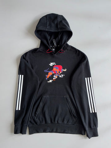 Adidas Black Graphic Print Hoodie with Striped Sleeves (M)