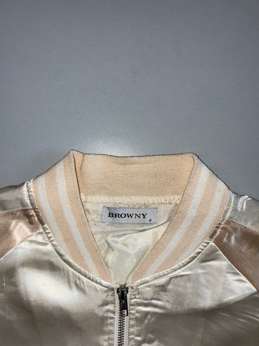 Browny Satin Souvenir Bomber Jacket | Cream/Gold (S/M)