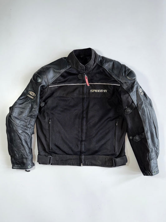 Speed-R Racing Motorcycle Jacket Real Leather Sleeves & Shoulders | Mesh Body | Armour Padded (M)