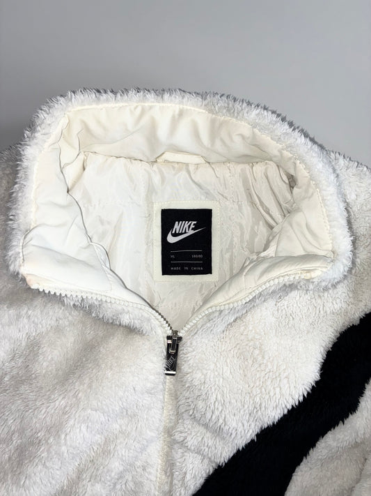 Nike Faux Fur Sherpa Full Zip Jacket — White/Black Swoosh (M)