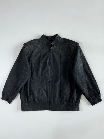Vintage Yessica Black Embossed Leather Bomber Jacket (XL)