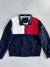 Tommy Hilfiger Water Wind Resistant Flag Patch Navy Red White Colorblock Mesh-Lined Full-Zip Windbreaker Jacket (L/Xl)