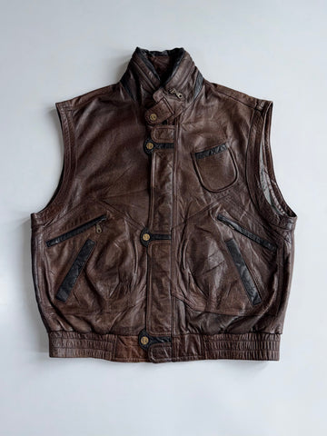 Vintage Brown Leather Vest with Zip Collar (Multi-Pocket) (XL)