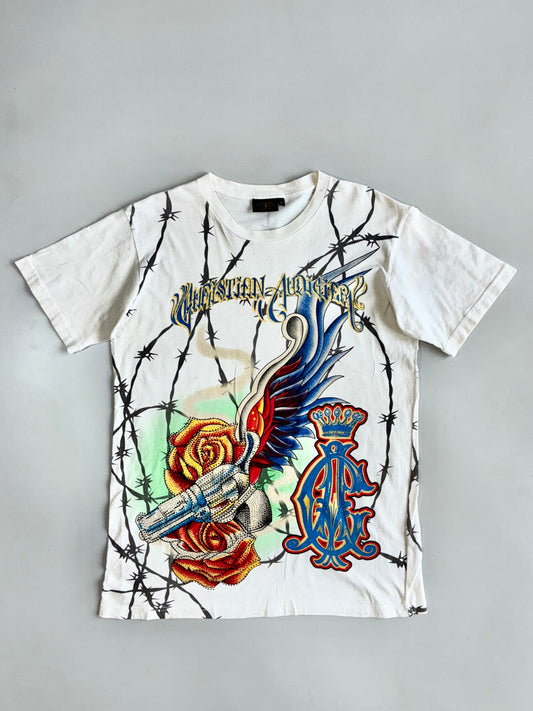 Vintage Christian Audigier Est. 1958 Barbed Wire Rose Rhinestone Graphic Tee (M)