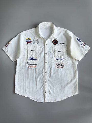 Columbia PFG Multi Sponsor Fishing Shirt Off-Road Racing Patches, Waterfront Century 21 Graphics (XL/2XL)