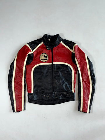 Vintage 80s Jumbo Red, Black & White Leather Racing Jacket – Elephant Logo Patch (XS)