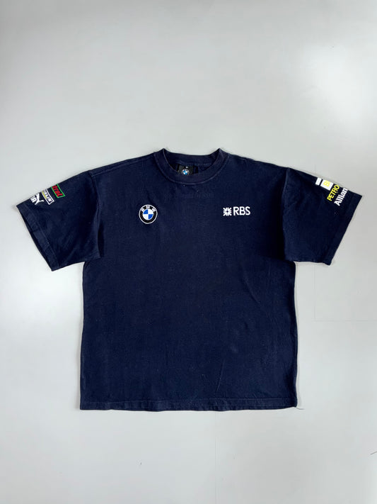 Vintage BMW Williams F1 Team RBS Sponsor T-Shirt Navy Multi-Patch | Size XL