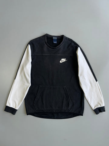 Nike Sportswear Colorblock Crewneck Sweatshirt Black Cream Swoosh Logo Kangaroo Pocket ( L)