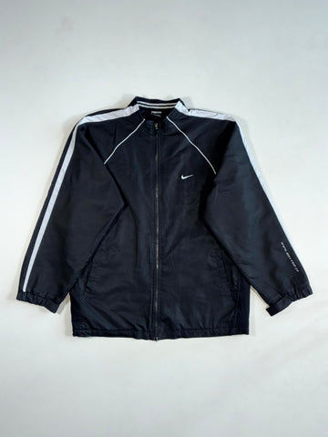 Y2K Nike Black Track Jacket – White Shoulder Stripes, Mini Swoosh (XL)