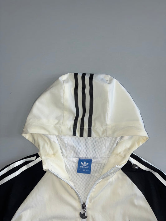 Adidas Originals Cream & Black Trefoil Hooded Windbreaker Jacket — Sleeve Script Logo | Size (L)