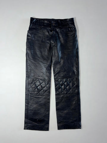 Vintage Black Leather Quilted Knee Biker Pants (W:34) (L:42)