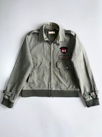 Vintage Levi’s EST. 53 Patch Military Harrington Jacket | Faded Olive Green | Ribbed Hem | Embroidered Patches (L)