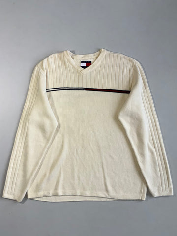 Vintage 90s Tommy Hilfiger Flag Logo Ribbed V-Neck Sweater (Xl)