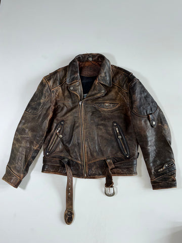 Vintage 90s Classic Gear Distressed Brown Leather Biker Jacket (XL)