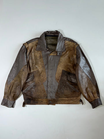 Distressed Two-Tone Brown Leather(Detechable Collar & Arms) Aviator Jacket (2XL)