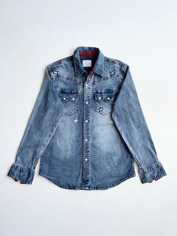 Vintage Buckaroo Blue Distressed Denim Western Shirt (S)