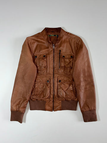 Amaze Brown Leather Multi-Pocket Bomber Jacket (S)