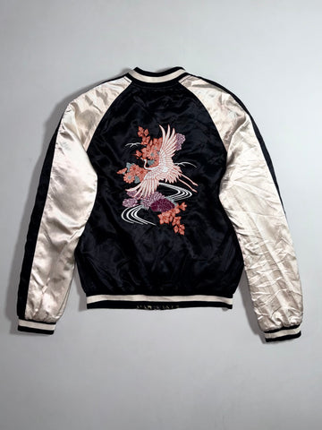 Crane Embroidery Sukajan Satin Bomber Jacket Black Reversible(XS)