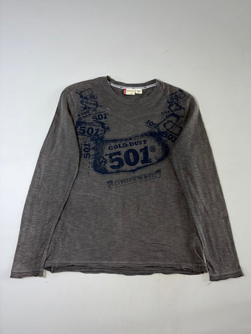 Levi’s 501 “Gold Dust” Grey Slub Long Sleeve Tee – All-Over Graphic (L)